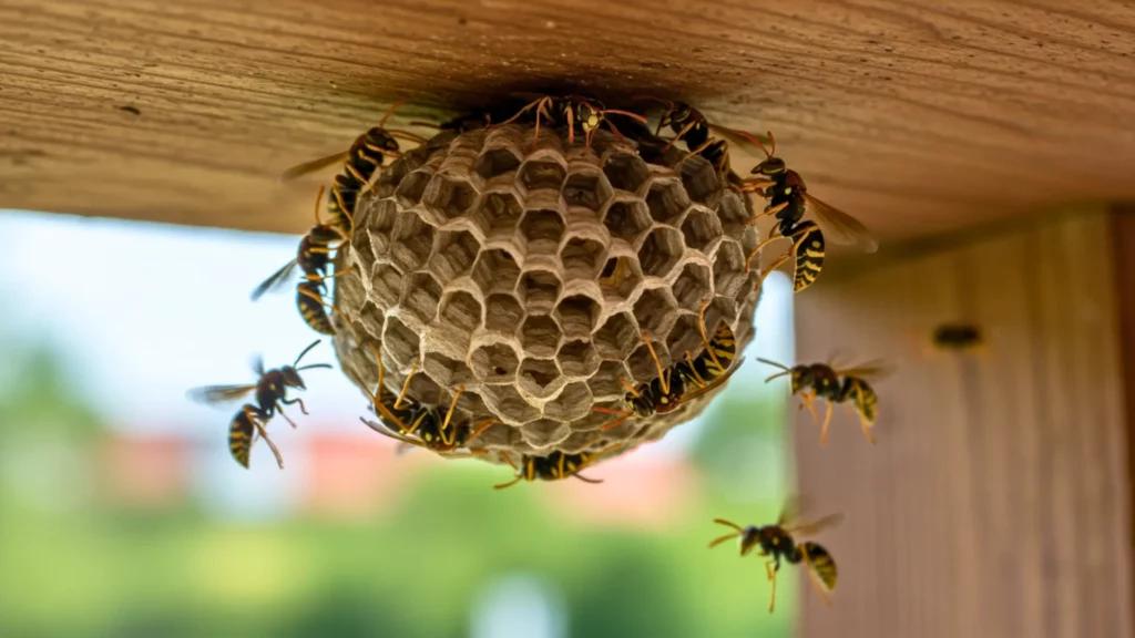 Petit nid de guêpes en construction sous un auvent