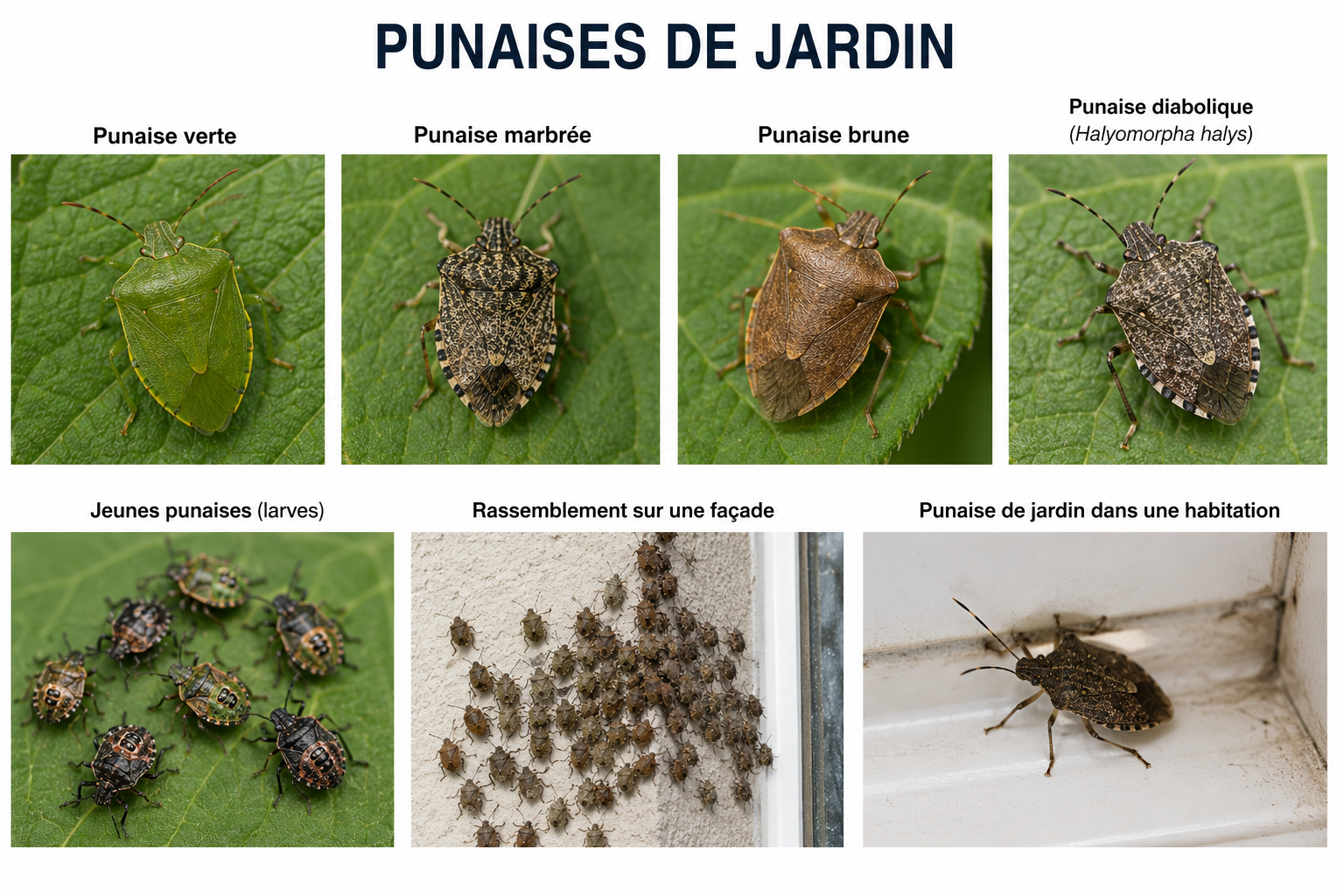 Punaises de jardin : verte, marbrée, brune, diabolique, larves et rassemblements