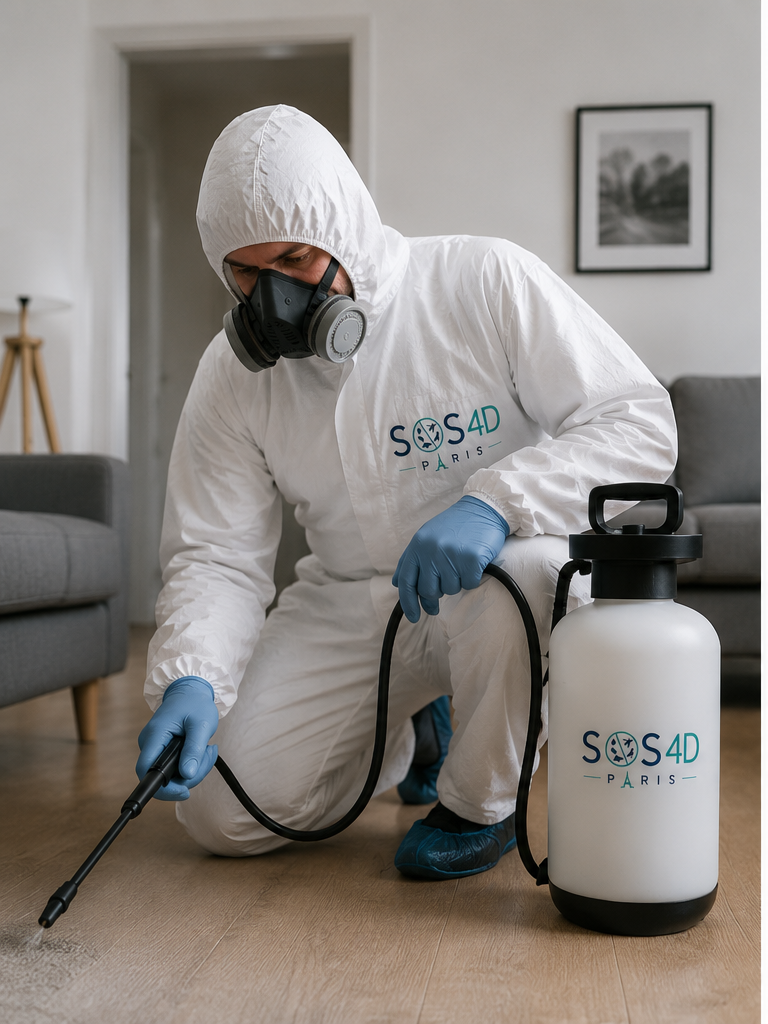 Technicien SOS 4D Paris en combinaison traitant un logement