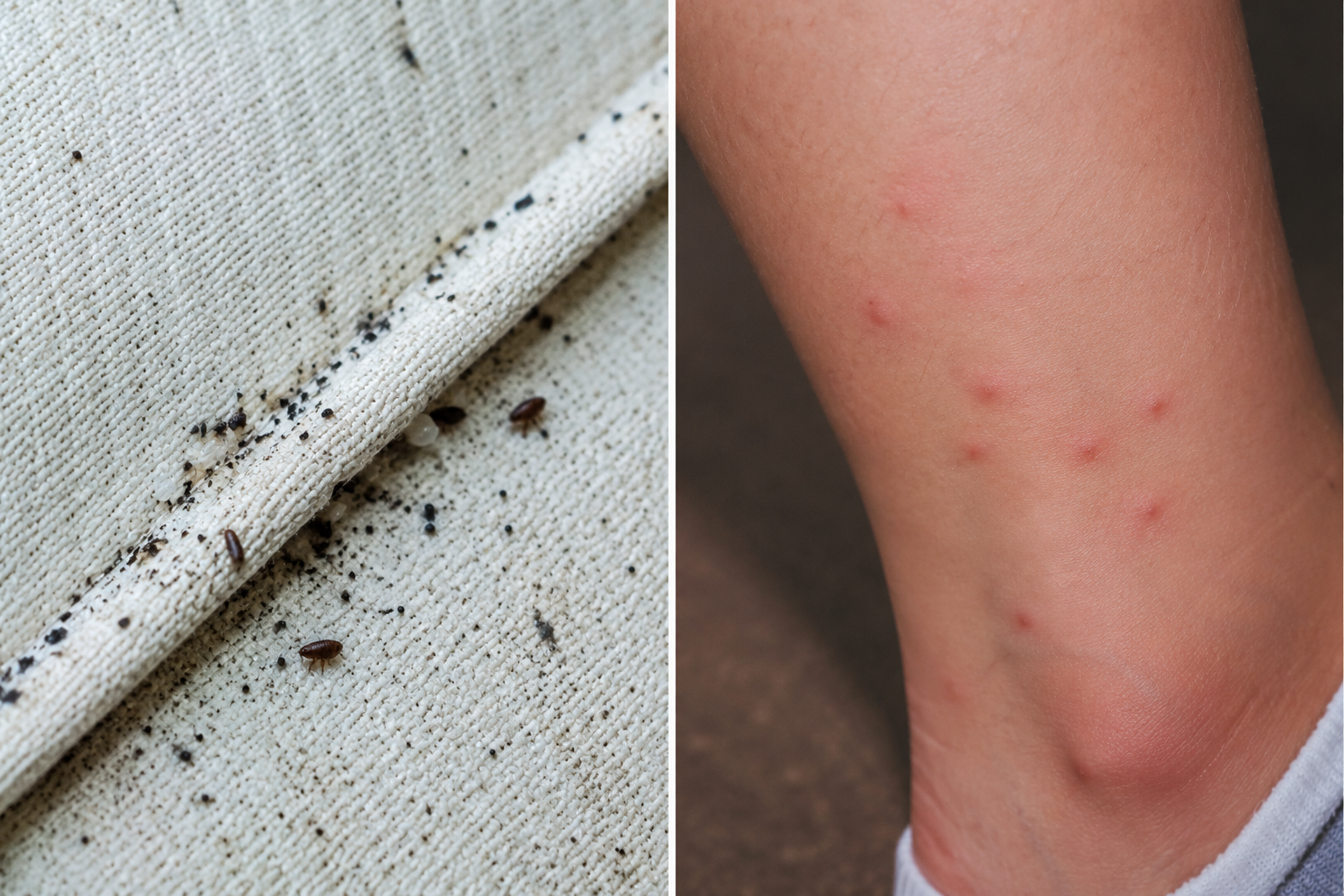 Signes d'infestation de puces : déjections sur textile et piqûres sur la cheville