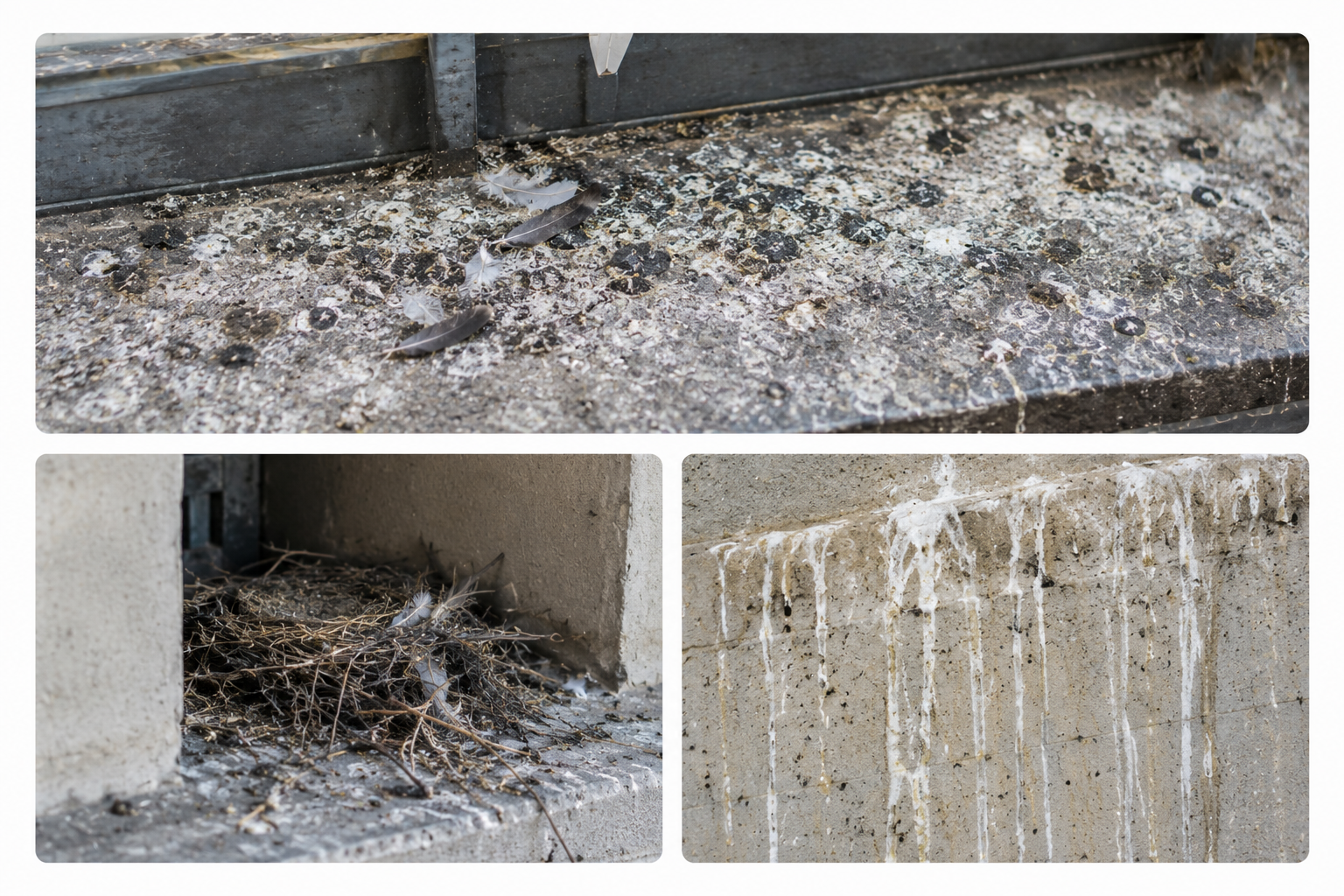 Fientes, plumes, nid et coulures sur façade : signes d'infestation de pigeons