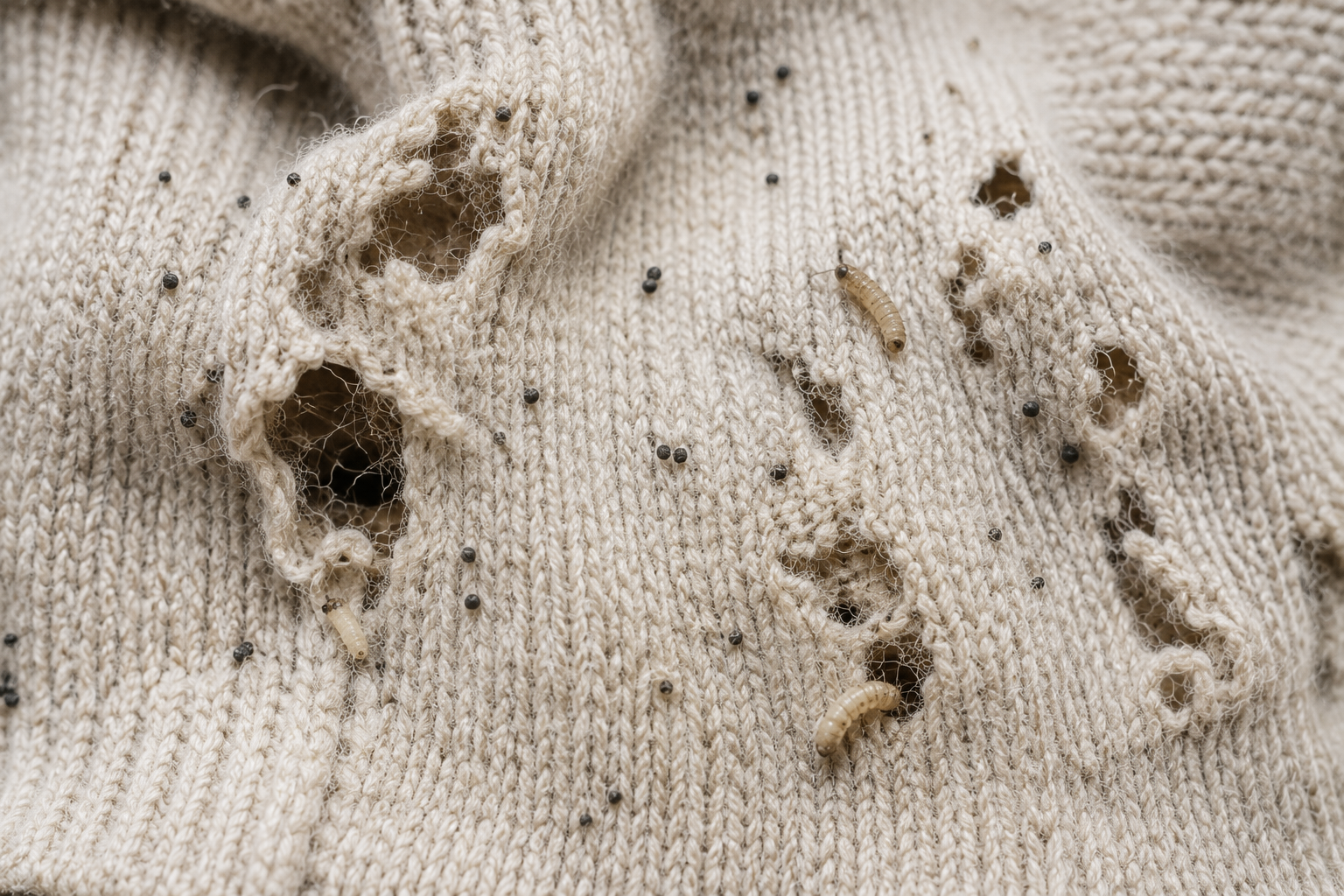 Pull en laine troué par les larves de mites vestimentaires