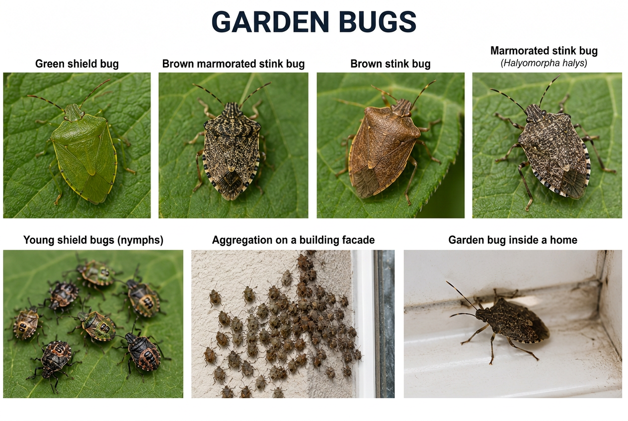 Garden stink bugs: green, marbled, brown, brown marmorated, larvae and gatherings