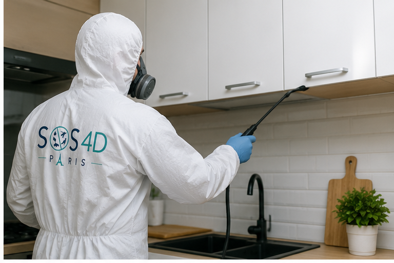 Technicien SOS 4D Paris pulvérisant un traitement antiparasitaire dans une cuisine