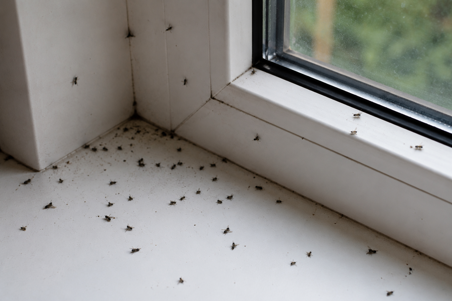 Moucherons et mouches morts accumulés sur un rebord de fenêtre