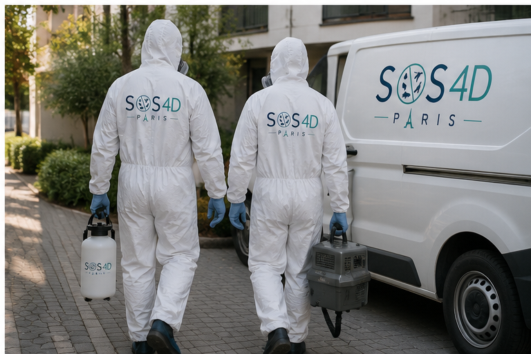 Deux techniciens SOS 4D Paris devant leur camion d'intervention